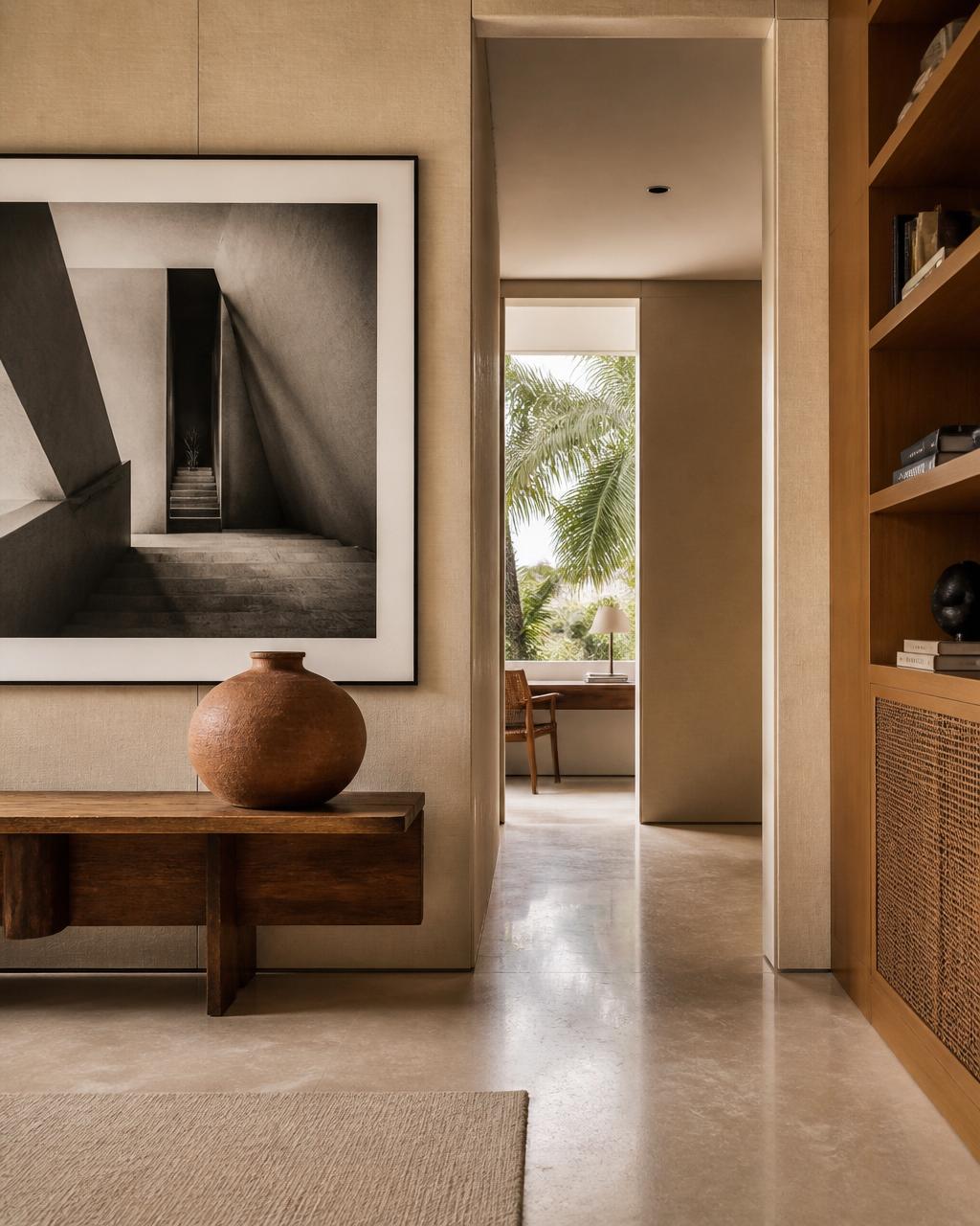 Hallway with a large black and white architectural photograph above a wooden bench with a terracotta vessel